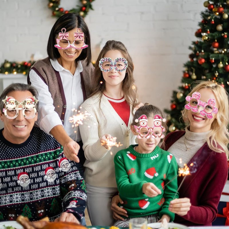 Runloon 12PCS Christmas Glasses, Pink Christmas Party Paper Glasses Photo Booth Props Holiday Eyeglasses Frames for Xmas Party Supplies Decorations - Image 5